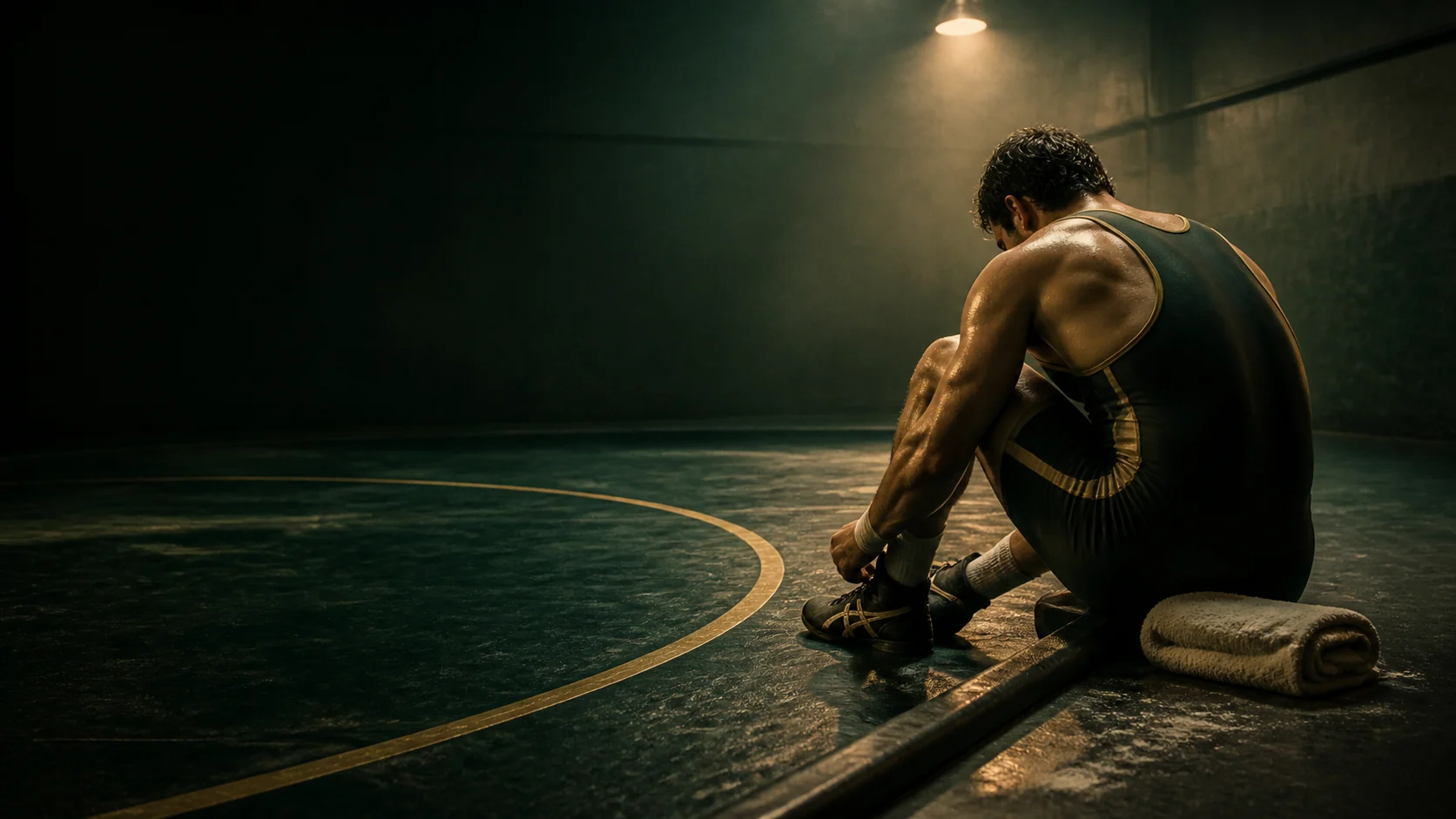 Adult wrestler preparing alone at the edge of a dark training mat